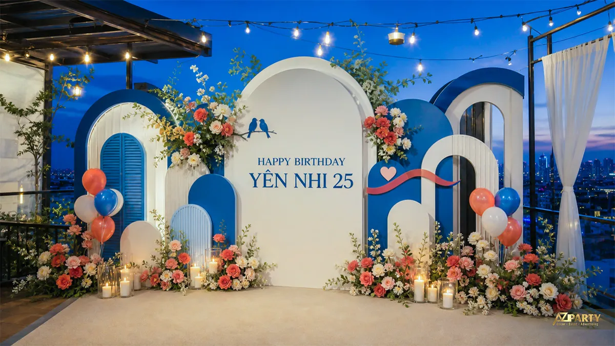 Mẫu sinh nhật Yến Nhi 25 tuổi màu xanh trắng trên sân thượng