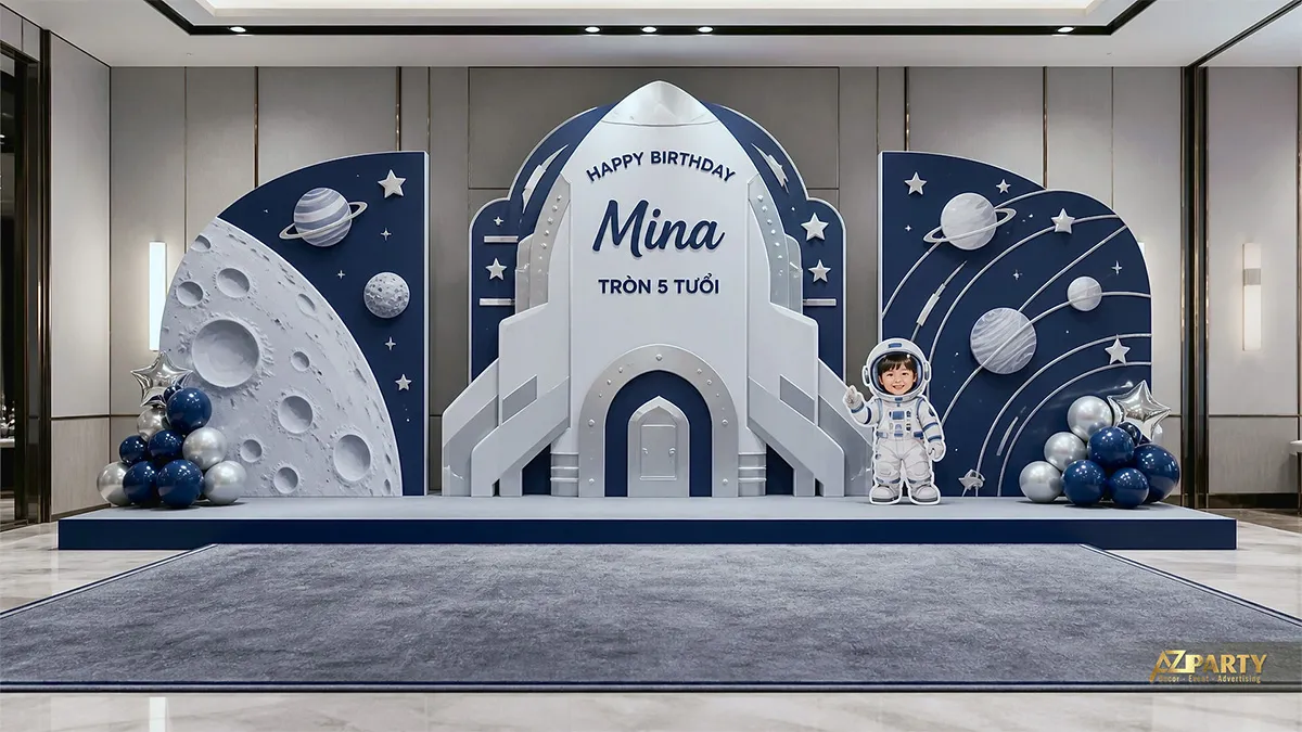 Backdrop phi hành gia xanh navy với tên lửa và bầu trời sao