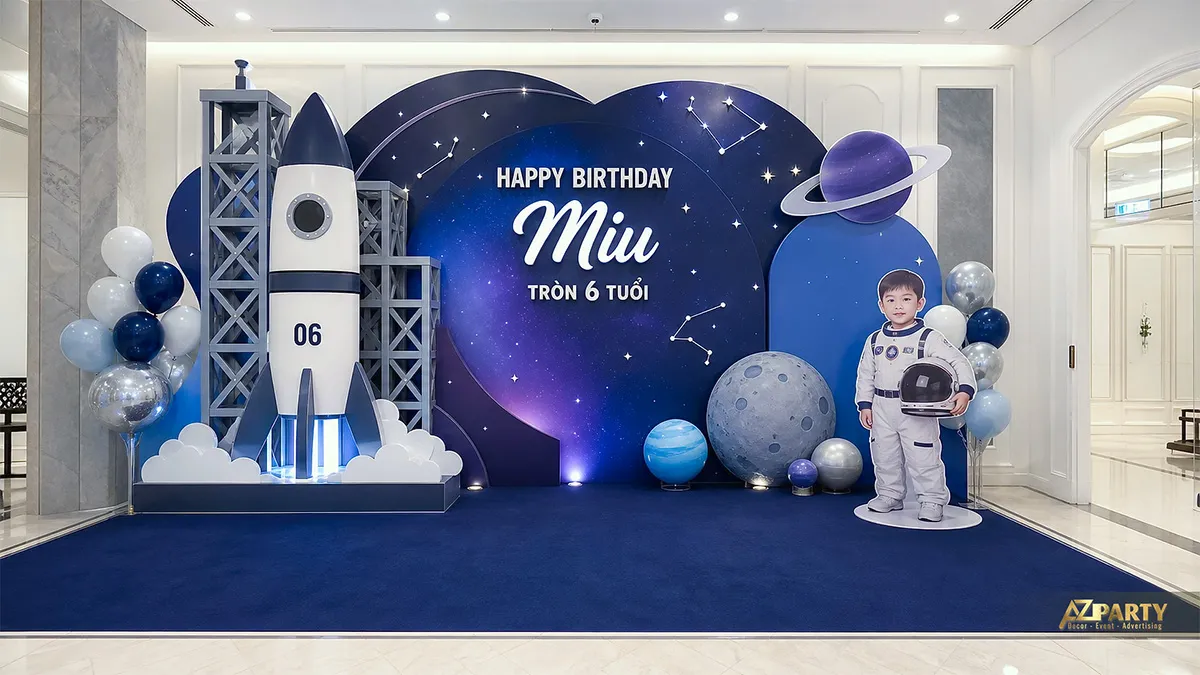 Backdrop phi hành gia xanh tím với tên lửa và cụm bóng
