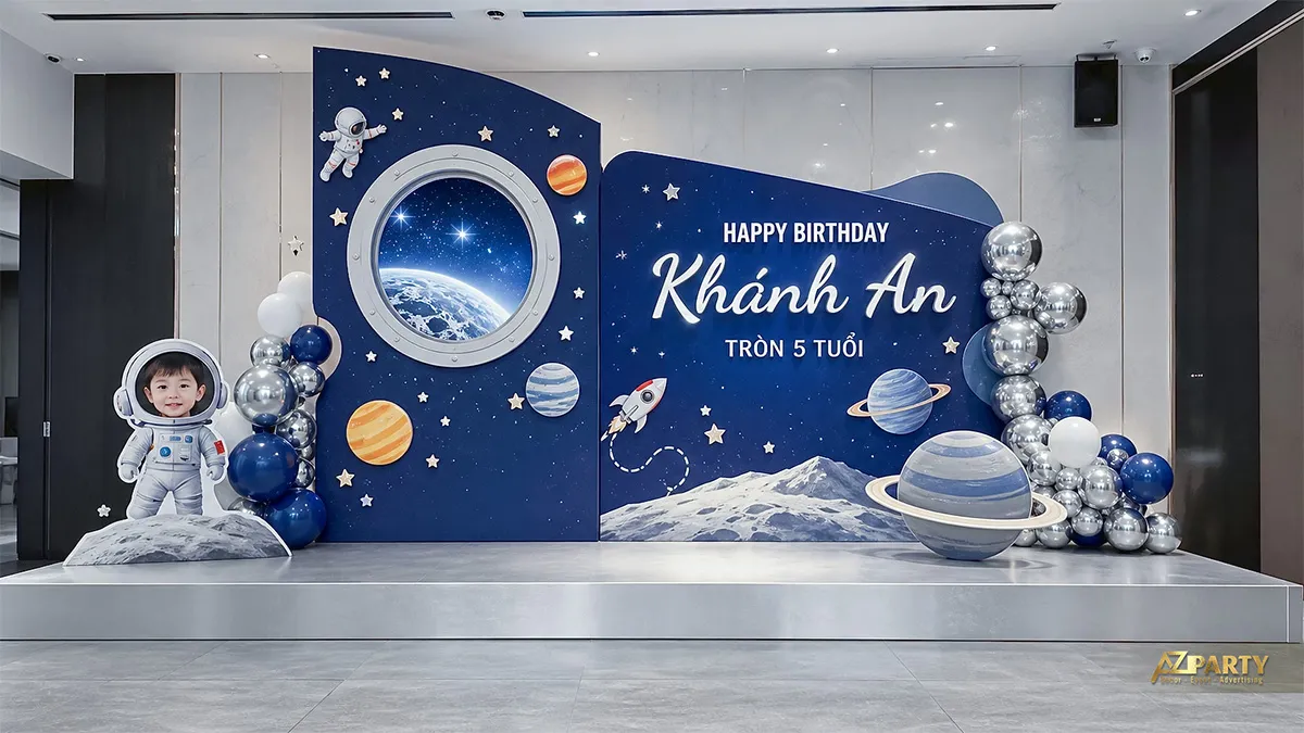 Phông sinh nhật vũ trụ xanh đậm với hành tinh lớn