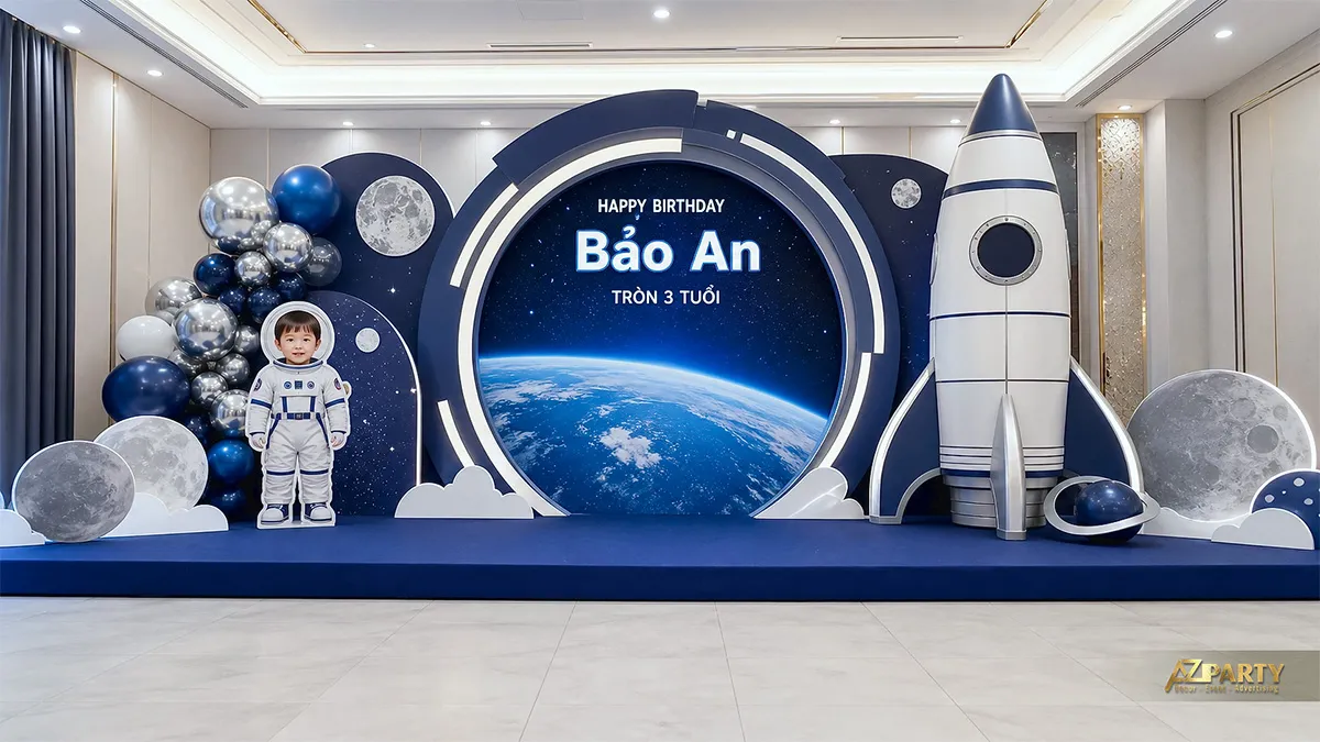Backdrop không gian xanh navy với hành tinh và ánh sáng viền