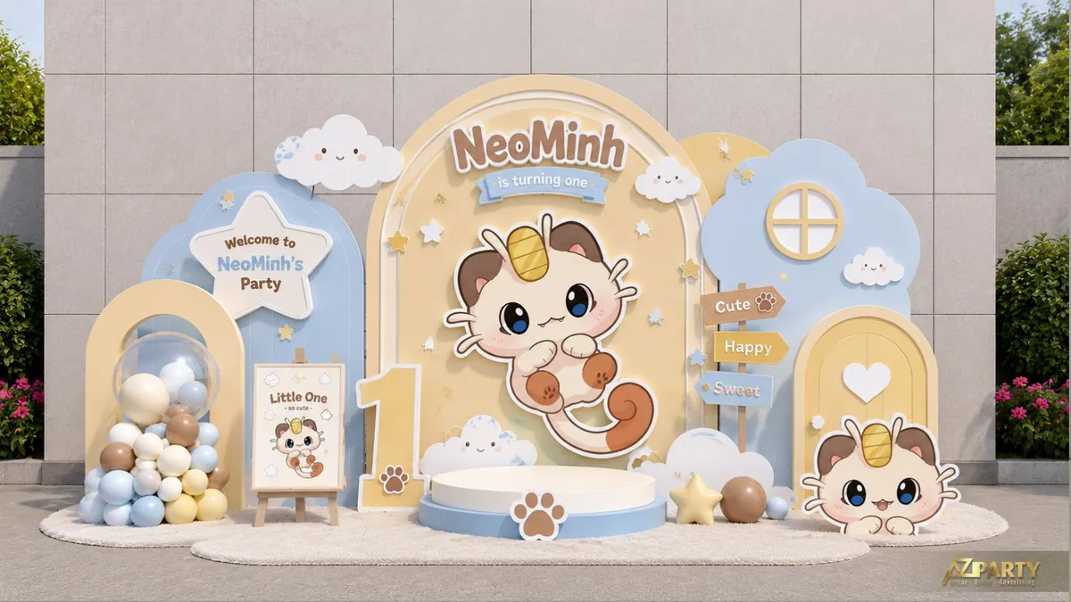 Backdrop sinh nhật Pokemon beige với Eevee, cửa sổ mây và cụm bóng kem xanh