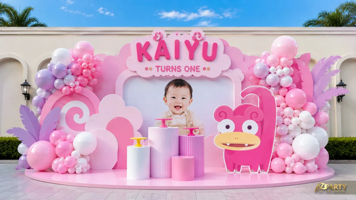 Trang trí sinh nhật Pokemon màu hồng cho bé gái với nhân vật dễ thương và bóng pastel