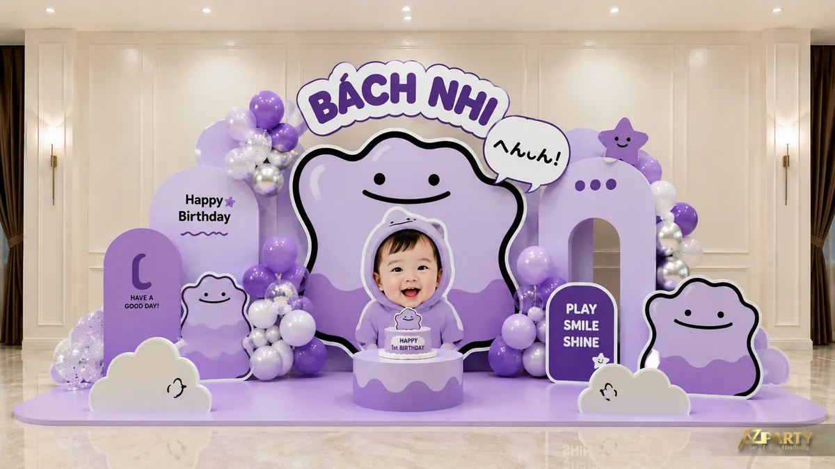 Backdrop sinh nhật Pokemon tím với Gengar dễ thương, bóng bay và ảnh bé ở trung tâm
