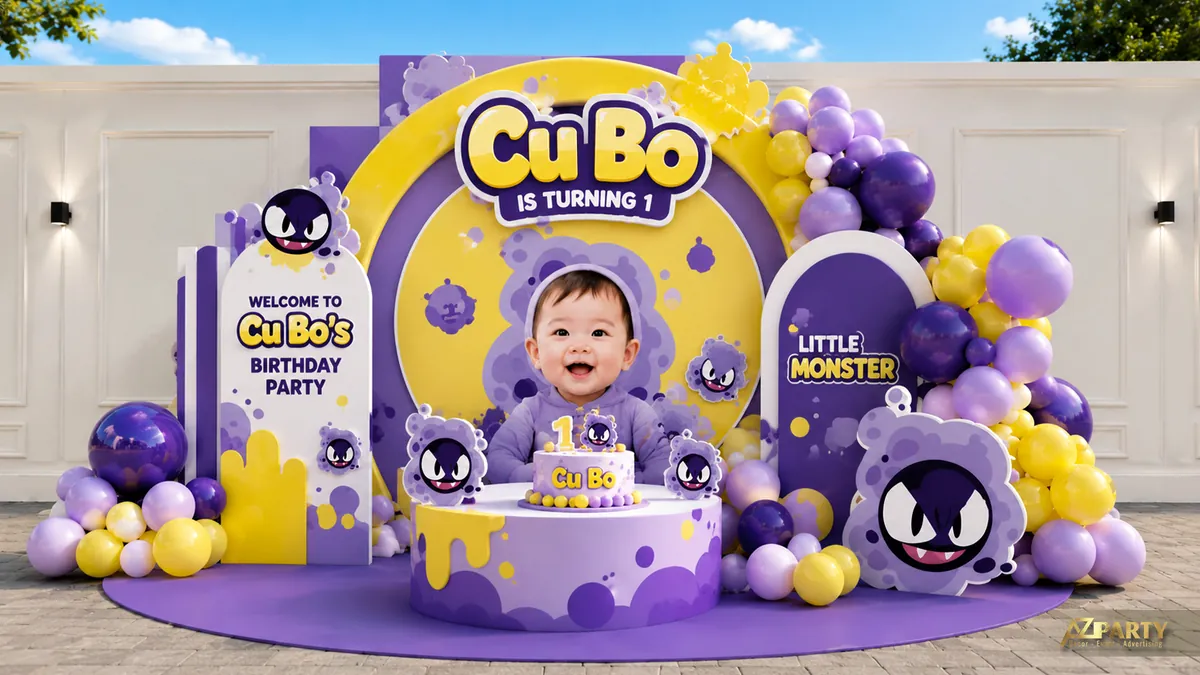 Backdrop sinh nhật Pokemon tím vàng với Umbreon, bàn bánh và cụm bóng nổi bật