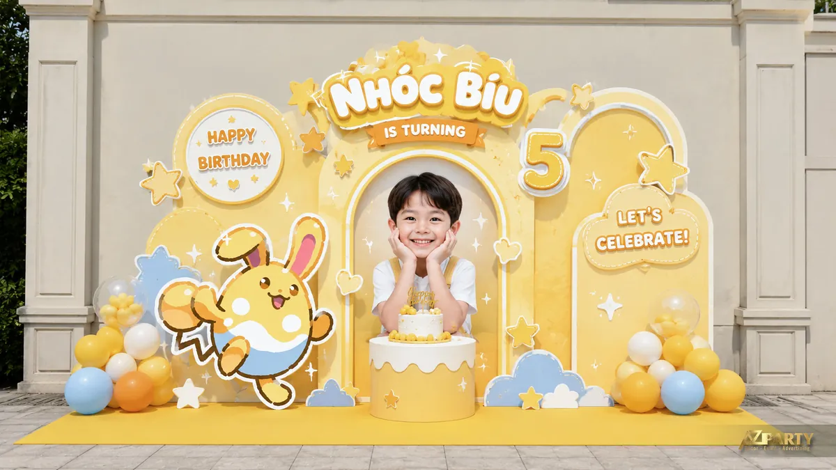 Backdrop sinh nhật Pokemon vàng pastel với Pikachu, ảnh bé và cụm bóng trắng vàng