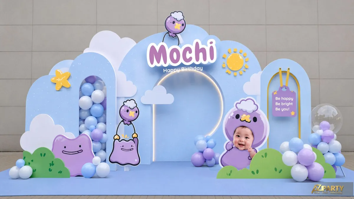 Trang trí sinh nhật Pokemon xanh mây pastel với nhân vật nhỏ và khung ảnh bé