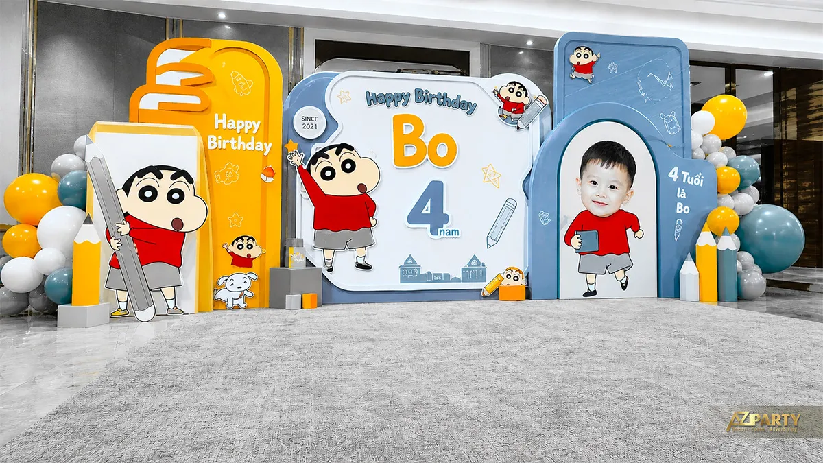 Backdrop Shin Cậu Bé Bút Chì vàng xanh với các nhân vật hoạt hình