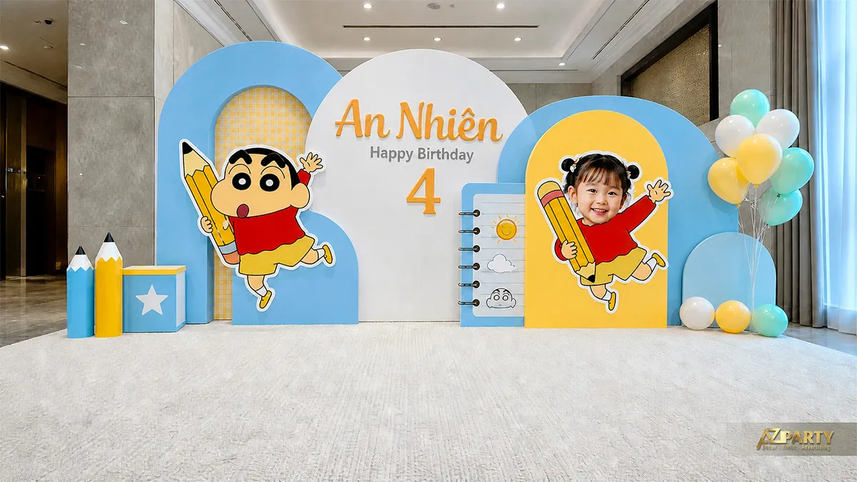 Phông sinh nhật Shin xanh cam với các mảng truyện tranh vui nhộn