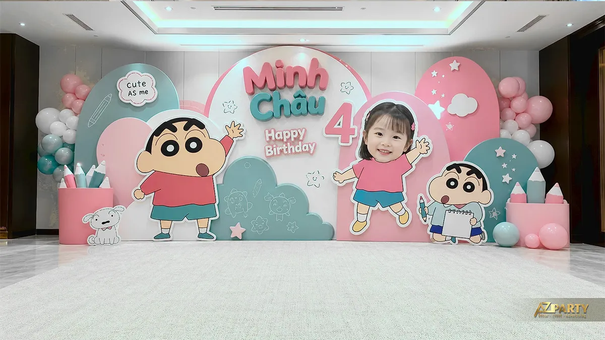 Không gian sinh nhật Shin hồng xanh pastel nhẹ nhàng