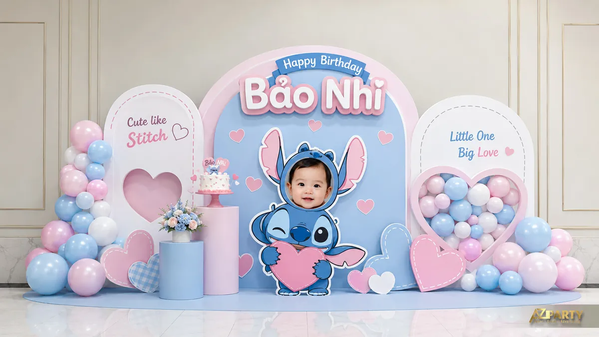 Trang trí sinh nhật Stitch hồng xanh pastel với ảnh bé, trái tim và bàn bánh nhỏ