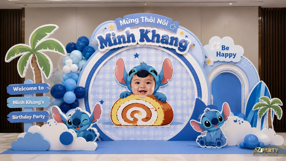 Trang trí thôi nôi Stitch xanh biển với ảnh bé, cây dừa, ván lướt sóng và cụm bóng xanh trắng