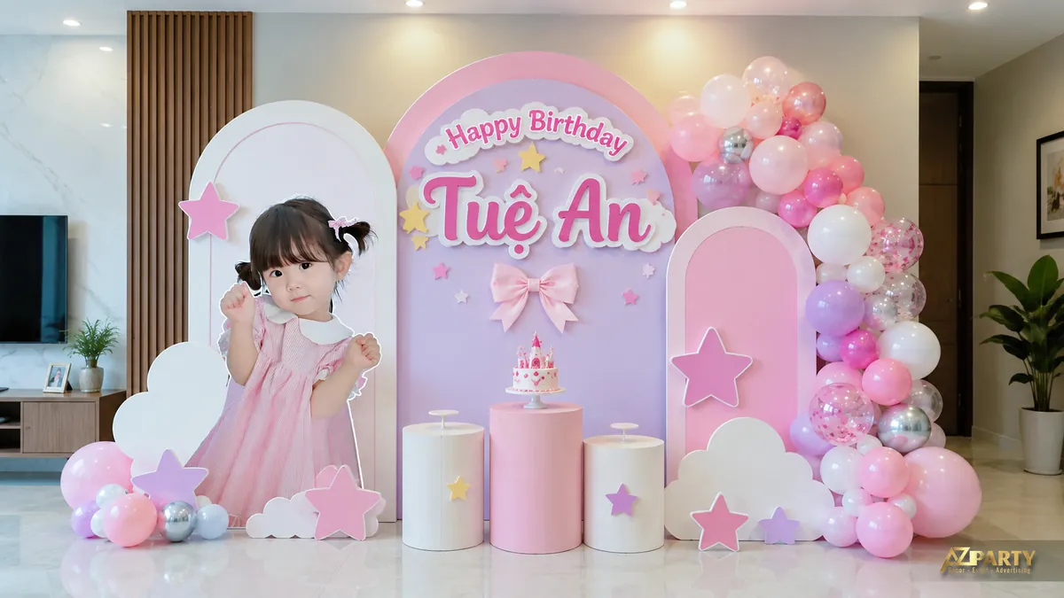 Góc sinh nhật bé Tuệ An màu hồng pastel với ngôi sao, ảnh bé và cụm bóng trong phòng khách