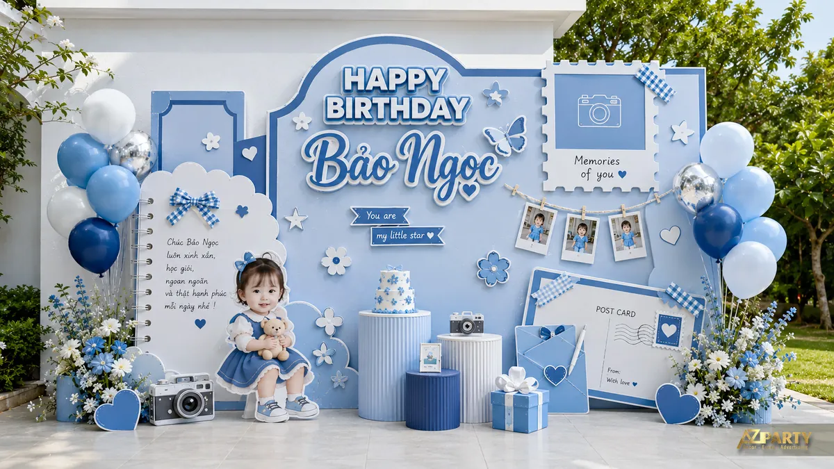 Góc tiệc xanh dương cho bé Bảo Ngọc với máy ảnh, khung ảnh và bàn bánh ngoài hiên nhà