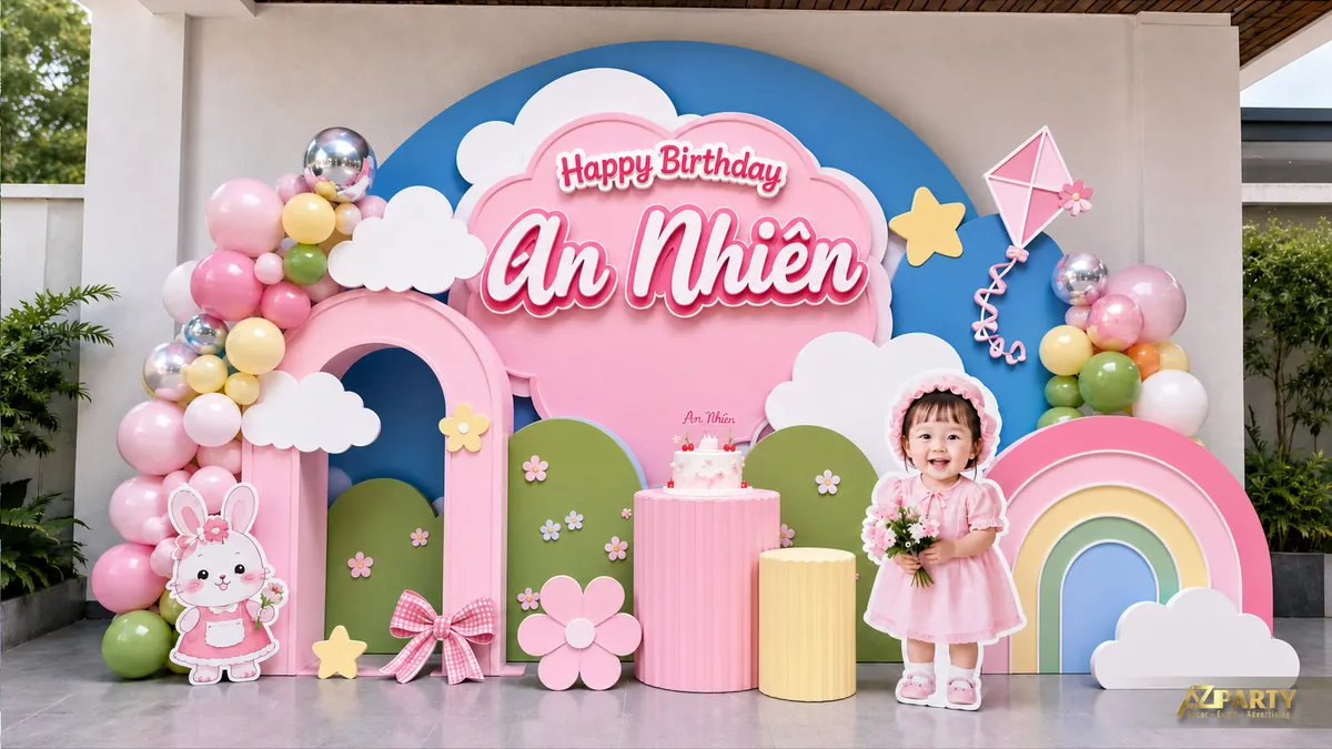 Backdrop cầu vồng cho bé An Nhiên với hoa nhiều màu và cụm bóng pastel