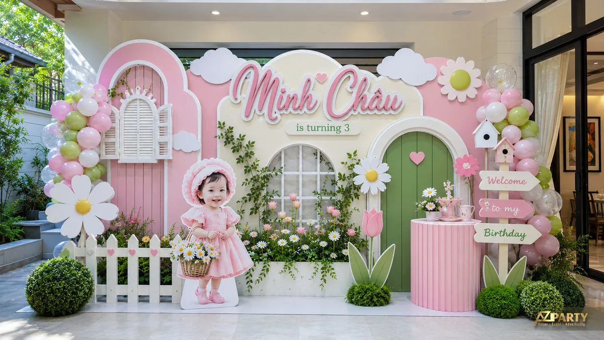 Góc tiệc sân vườn cho bé Minh Châu với hàng rào trắng, hoa cúc và nền xanh hồng