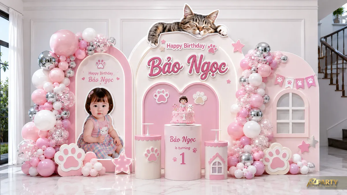Mẫu sinh nhật bé Bảo Ngọc màu hồng với mái nhà, dấu chân mèo và cụm bóng ánh bạc