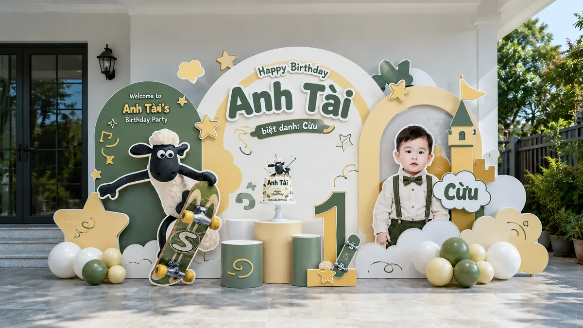 Set ngoài sân chủ đề cừu Shaun với tone xanh kem và cụm bóng trắng