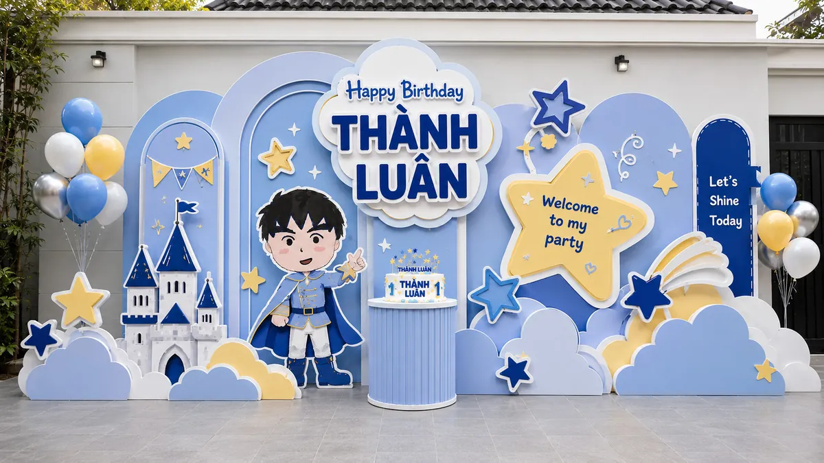 Phông lâu đài xanh vàng với mây, sao và nhân vật bé ở giữa