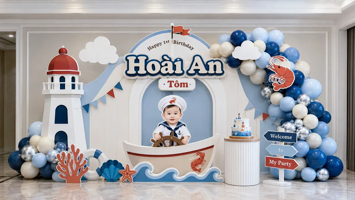 Set chủ đề biển với hải đăng, thuyền giấy, san hô và bóng xanh trắng