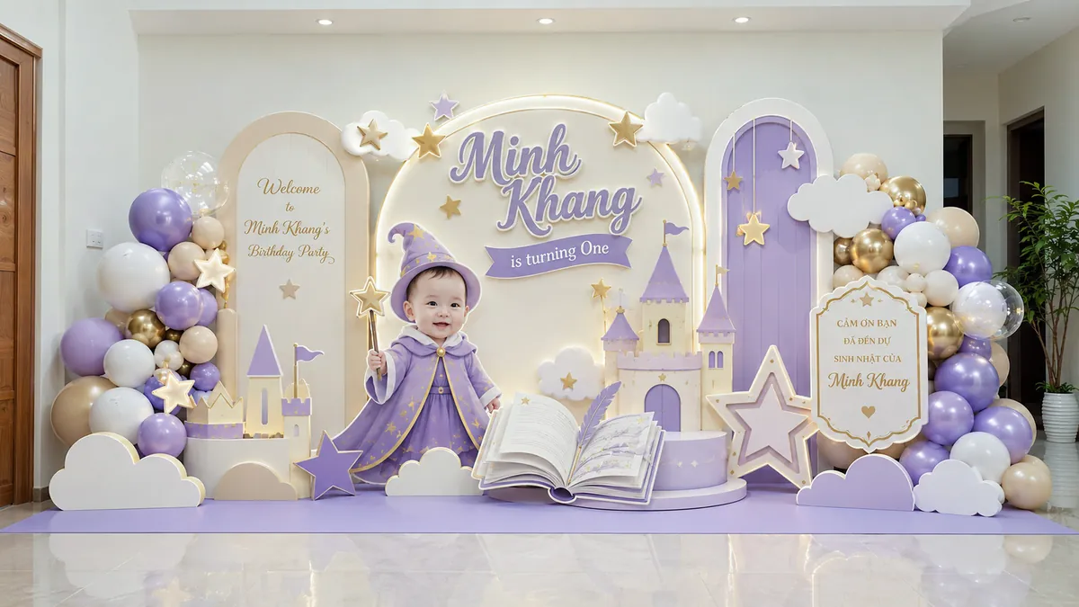 Tông tím pastel với lâu đài, sách mở, mây và nhân vật nhỏ