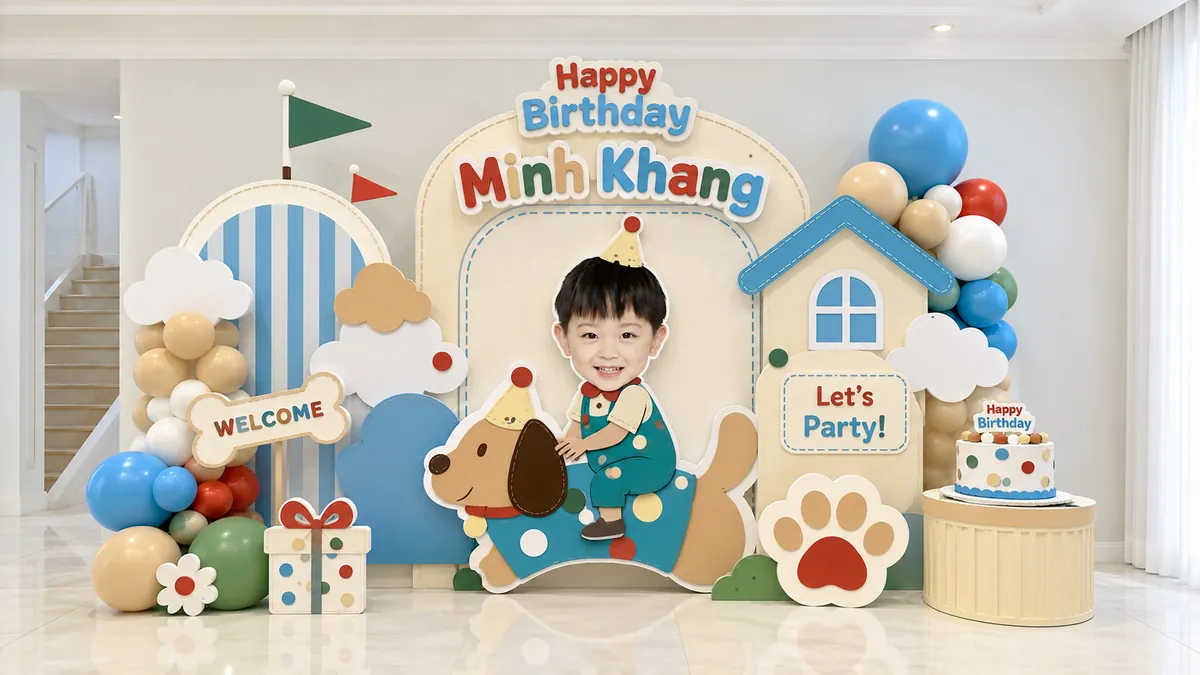 Nền xanh kem với ngựa gỗ, nhà nhỏ, quà và bàn bánh