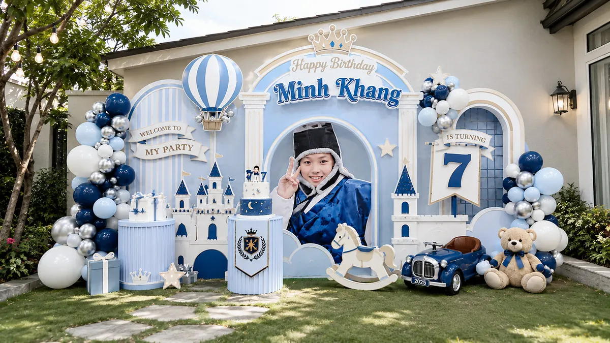 Lâu đài xanh trắng ngoài sân với xe mô hình, cờ và cụm bóng hai bên