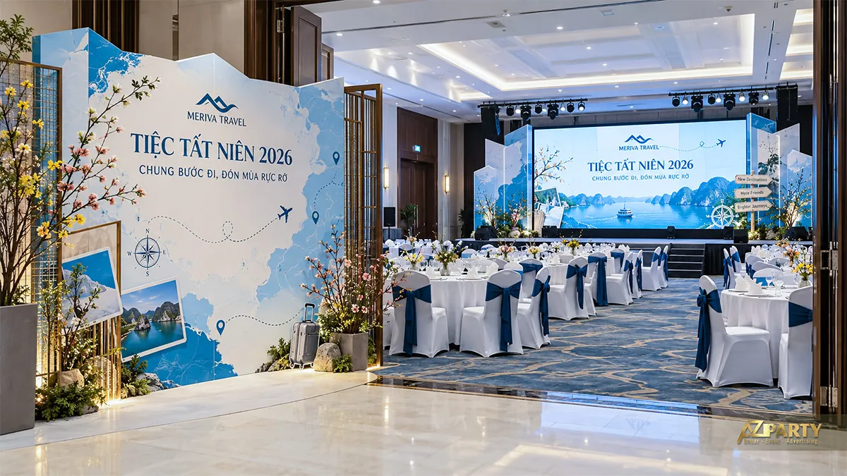 Lối vào với vách chụp ảnh chủ đề biển, bàn tiệc và sân khấu phía trong