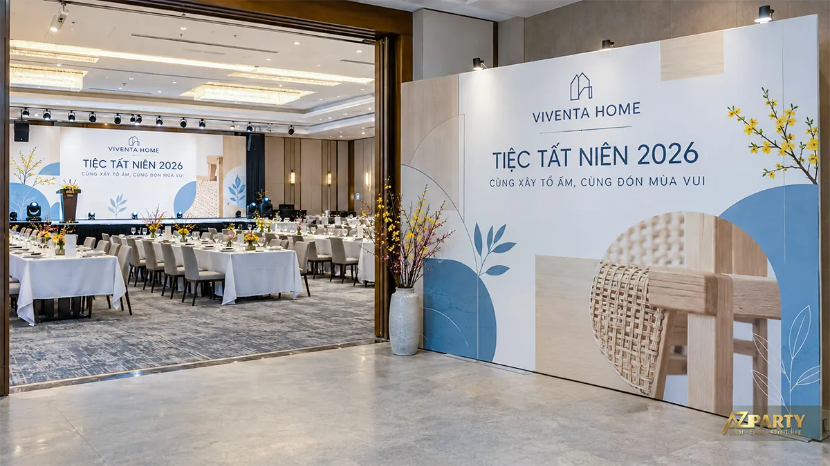 Vách đón khách hình nội thất gỗ nhìn vào phòng tiệc