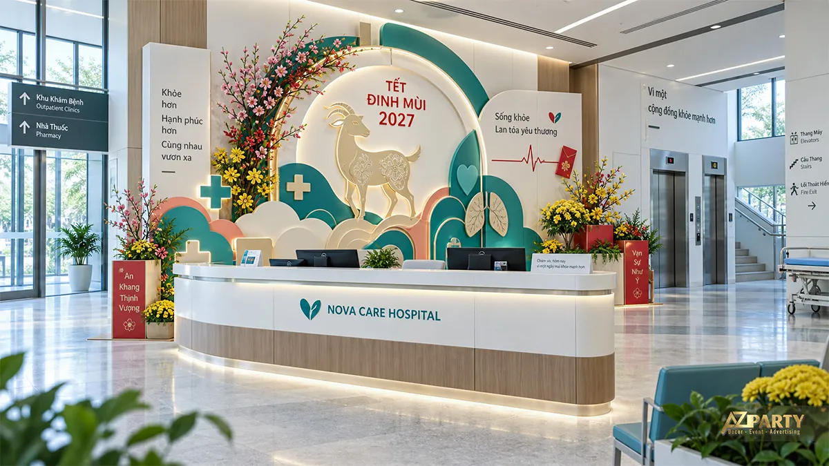 Quầy tiếp đón bệnh viện với tiểu cảnh dê, biểu tượng y tế và hoa xuân