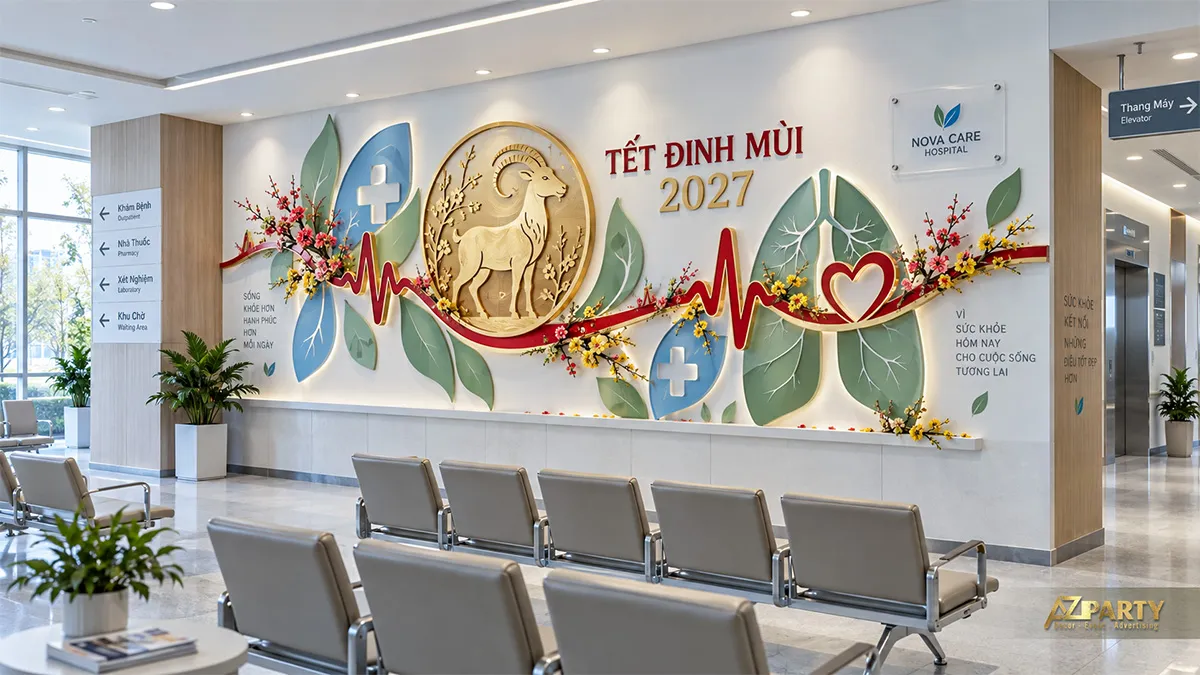 Dãy ghế chờ trước mảng tường Tết có dê, nhịp tim, biểu tượng phổi và cành hoa