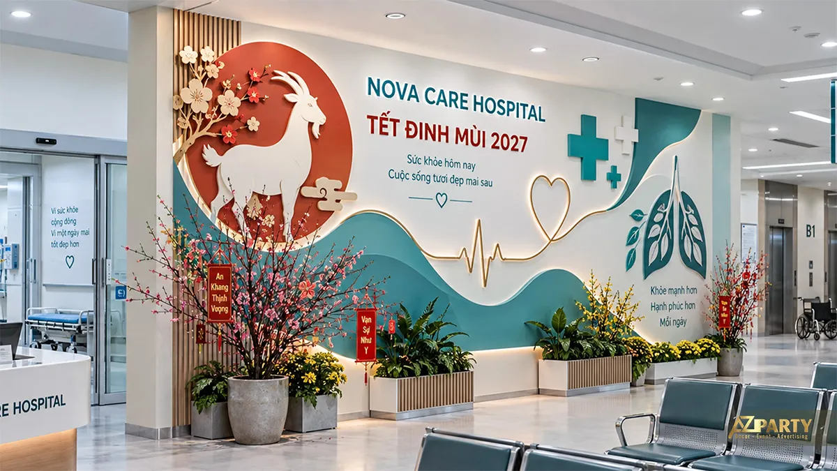 Khu chờ bệnh viện với mảng trang trí Tết xanh ngọc, hình dê và các chậu hoa