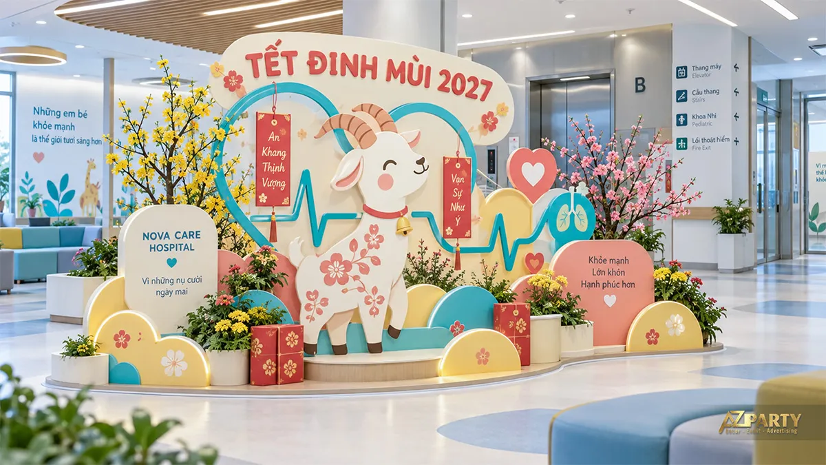 Tiểu cảnh Tết màu pastel ở khu vực chờ có hình dê, nhịp tim và ghế cong