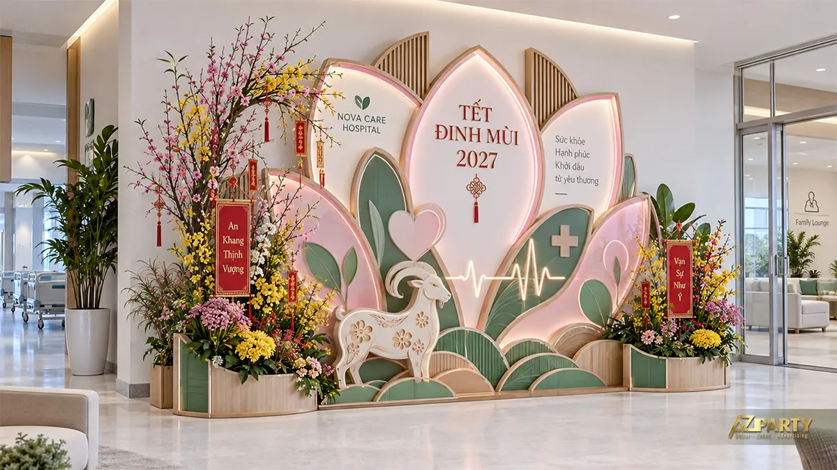 Backdrop hoa sen hồng tại hành lang bệnh viện với hình dê, biểu tượng y tế và hoa đào