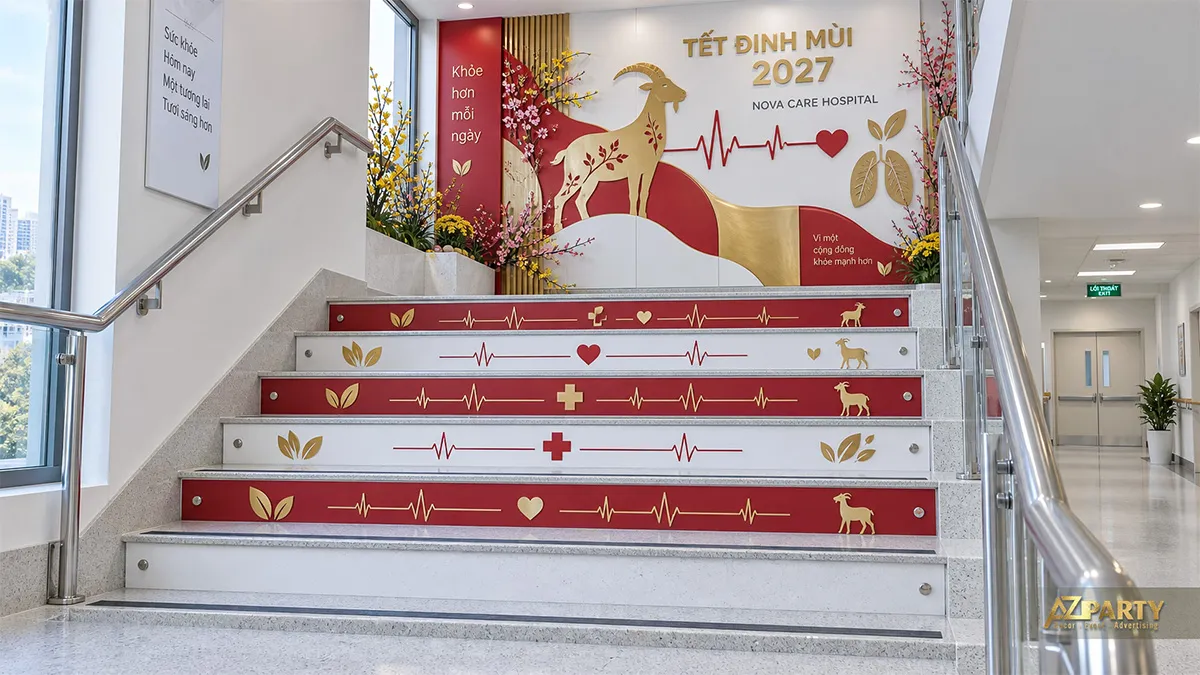 Bậc thang bệnh viện dán họa tiết nhịp tim đỏ vàng dẫn đến mảng Tết trên tường