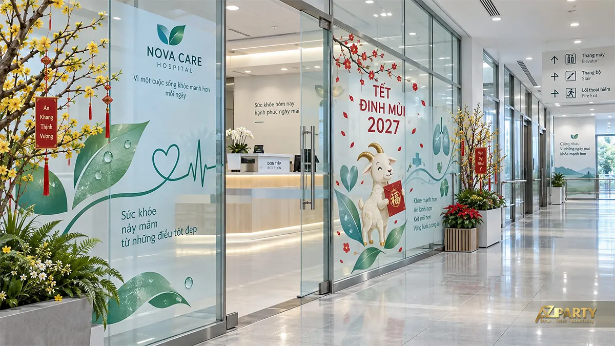 Cửa kính lối vào bệnh viện dán hoa xuân, hình dê và biểu tượng trái tim