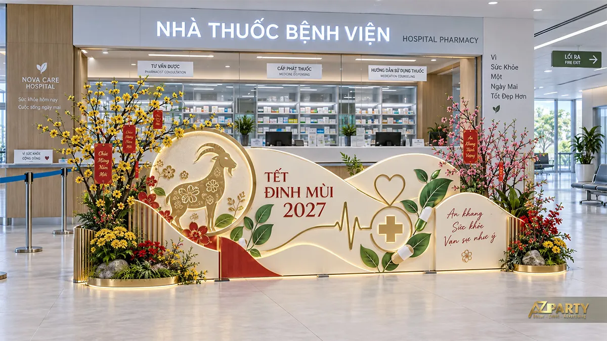 Tiểu cảnh Tết trước nhà thuốc bệnh viện với hình dê, hoa mai đào và biểu tượng y tế