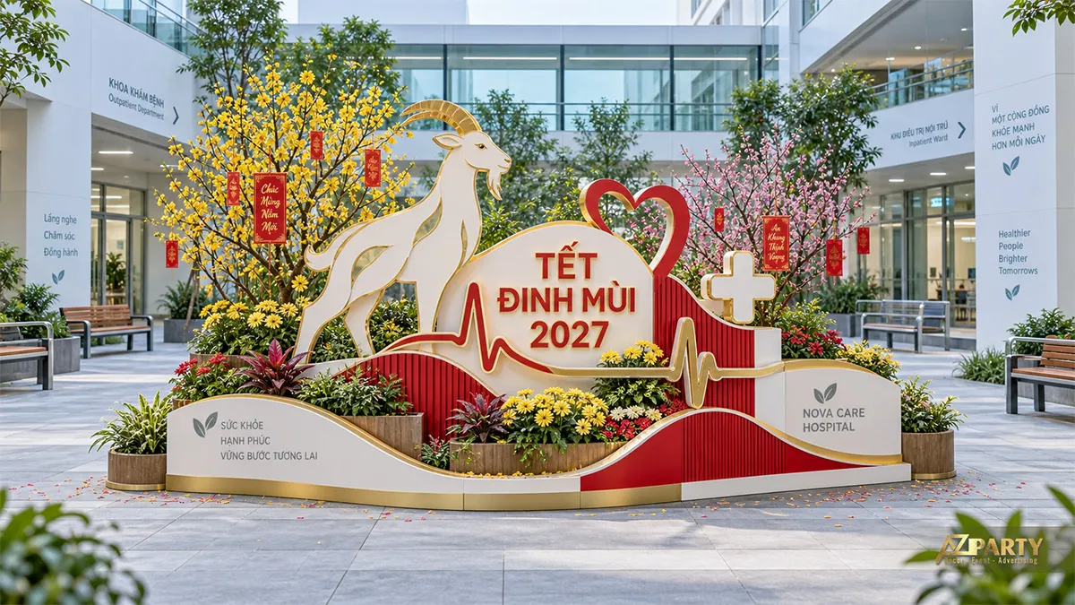 Tiểu cảnh dê và hoa xuân ở sân trong bệnh viện
