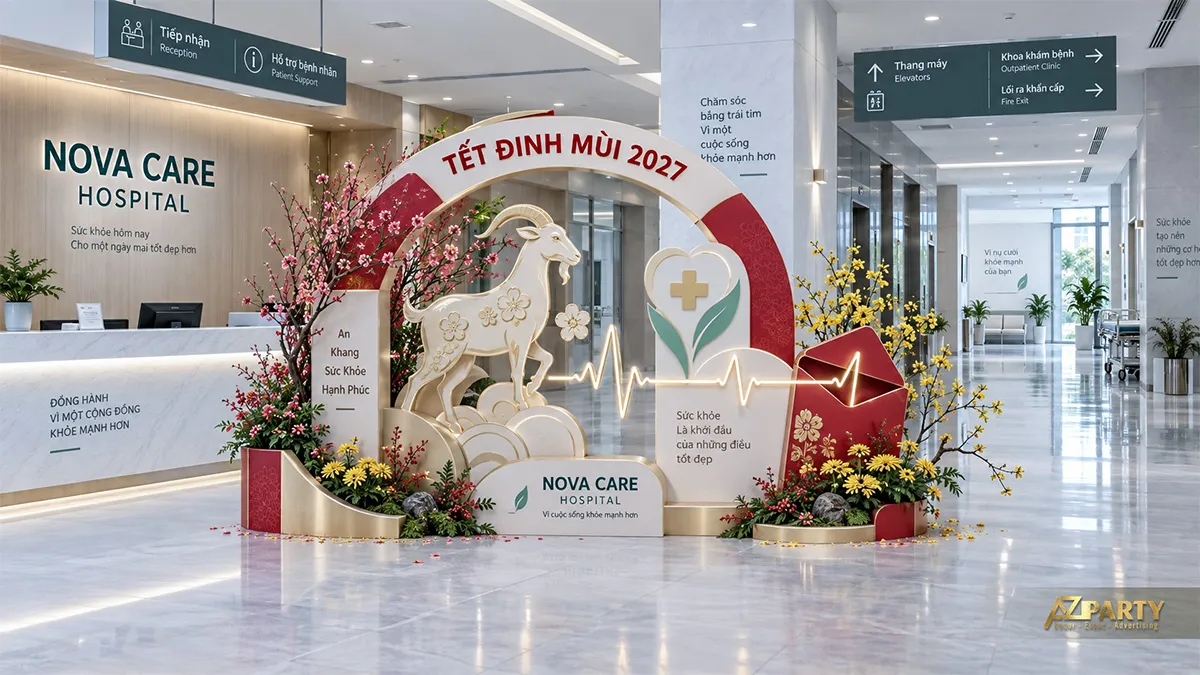 Tiểu cảnh cổng vòm Tết trong khu tiếp nhận bệnh viện