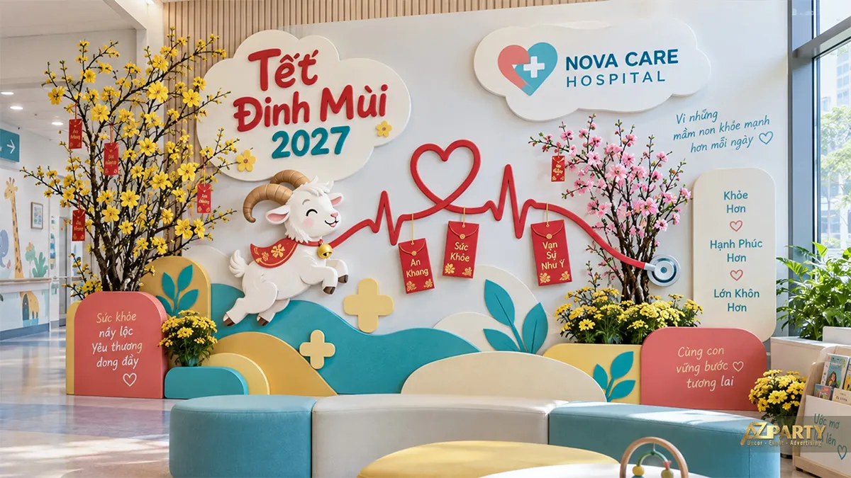 Góc chờ thiếu nhi với hình dê hoạt hình, bao lì xì và băng ghế màu xanh