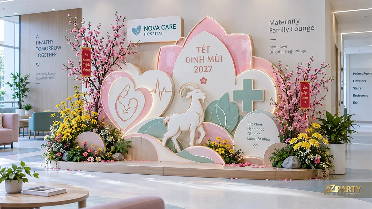 Tiểu cảnh Tết hồng pastel tại khu chờ gia đình của bệnh viện