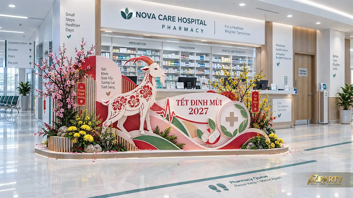 Backdrop Tết trước nhà thuốc bệnh viện với dê hoa văn, biểu tượng thuốc và hoa xuân