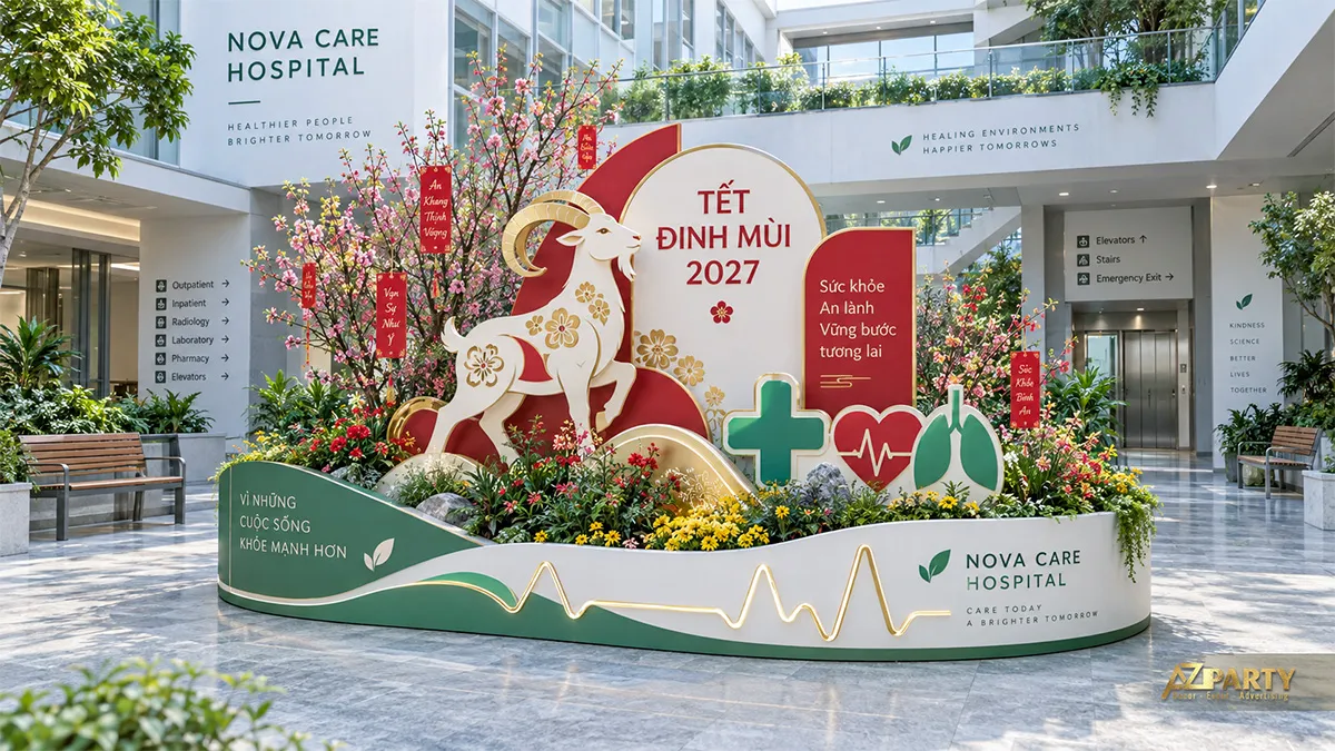 Đại sảnh bệnh viện có tiểu cảnh dê, dấu cộng y tế và nhiều chậu hoa