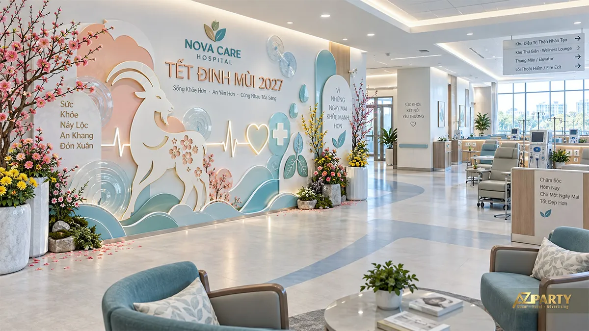 Khu điều trị có mảng tường Tết xanh nhạt, hình dê và hoa mai đào