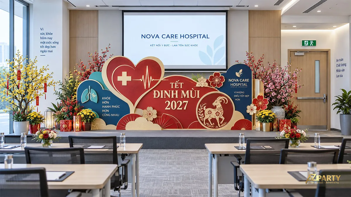 Sân khấu phòng họp bệnh viện trang trí trái tim, nhịp tim và hoa xuân