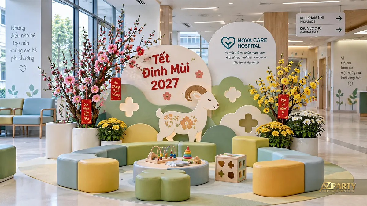 Góc vui chơi khoa nhi với backdrop Tết, đồ chơi và ghế đôn pastel
