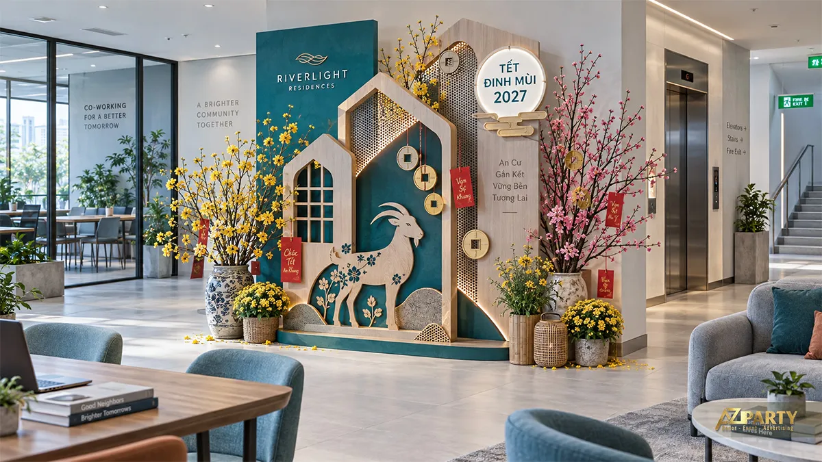 Khu co-working có tiểu cảnh Tết xanh ngọc với dê, hình nhà và hoa mai đào