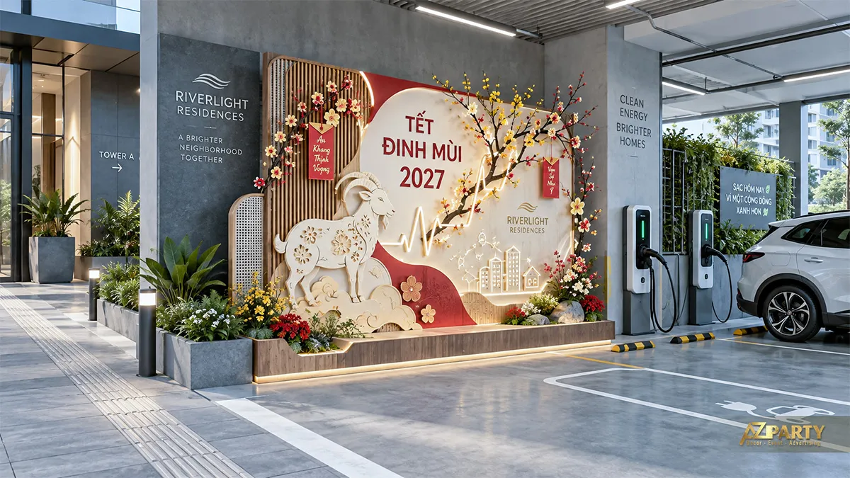 Khu sạc xe điện có tiểu cảnh Tết hình dê, nhịp tim và hoa xuân