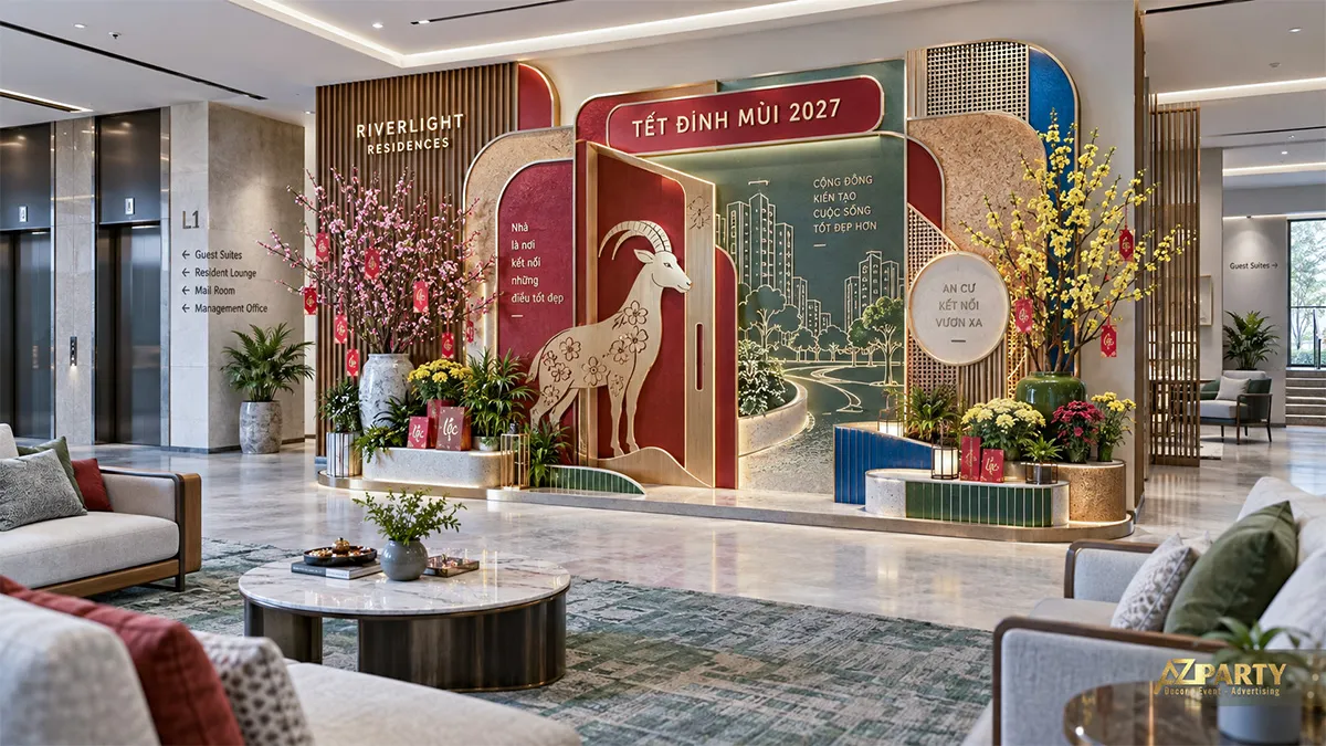 Sảnh căn hộ có backdrop đỏ xanh với dê, hình khu đô thị và chậu hoa