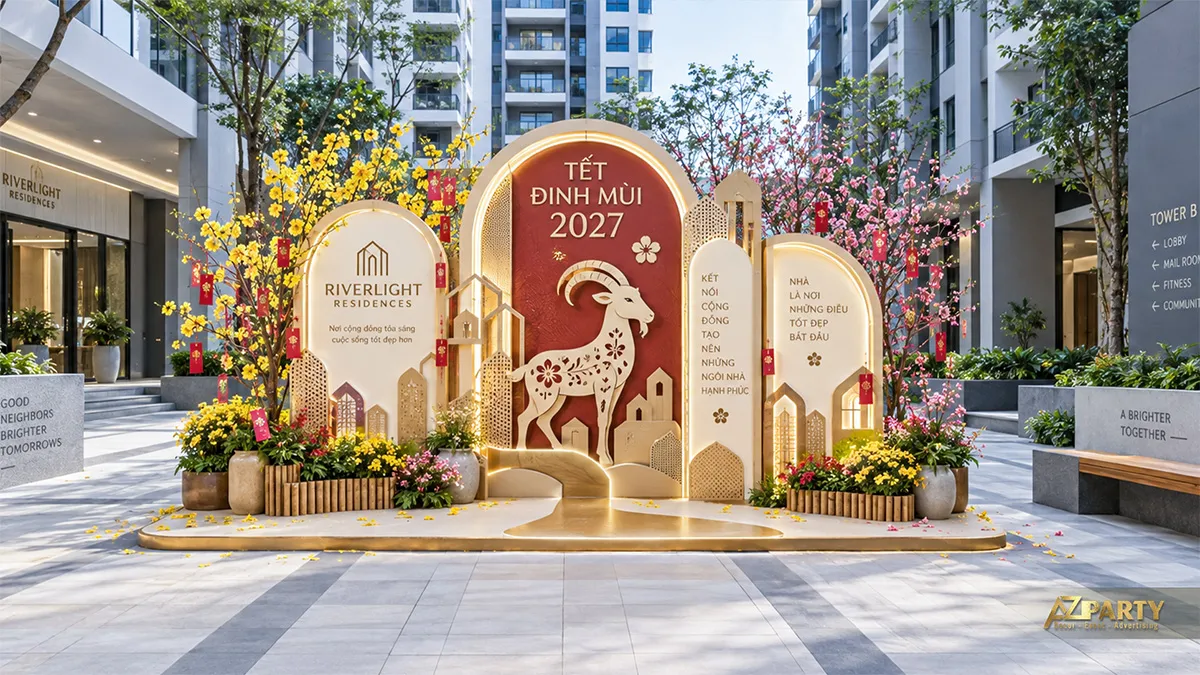 Góc check-in ngoài trời giữa các tòa căn hộ với dê, hoa mai đào và mô hình nhà